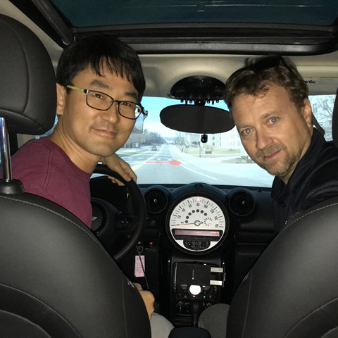 Hyungil Kim with his advisor, Dr. Joseph L. Gabbard in the modified simulator used for the augmented reality display evaluations.